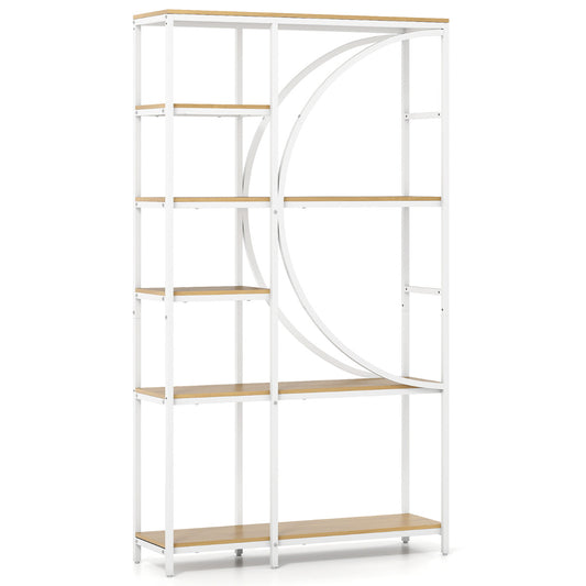 6-Tier Industrial Etagere Bookshelf with Open Storage Shelves and Arc-Shaped Design-Natural