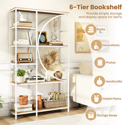6-Tier Industrial Etagere Bookshelf with Open Storage Shelves and Arc-Shaped Design-Natural
