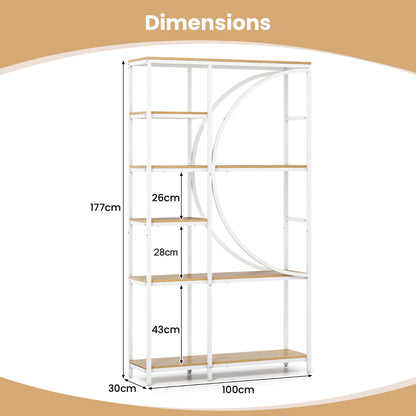 6-Tier Industrial Etagere Bookshelf with Open Storage Shelves and Arc-Shaped Design-Natural