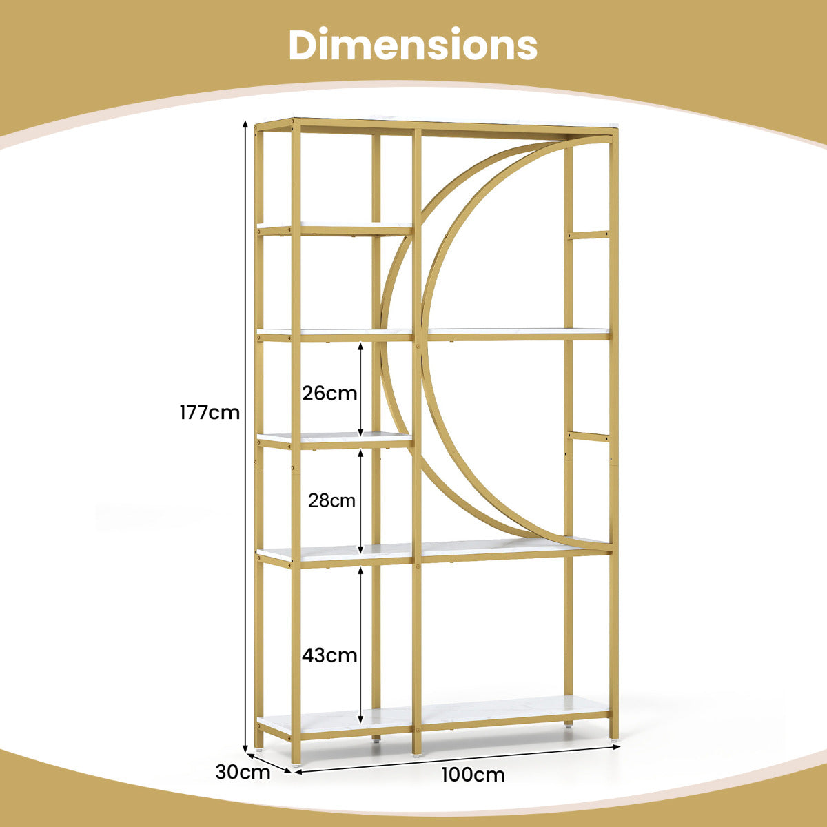 6-Tier Industrial Etagere Bookshelf with Open Storage Shelves and Arc-Shaped Design-White