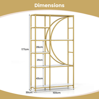 6-Tier Industrial Etagere Bookshelf with Open Storage Shelves and Arc-Shaped Design-White