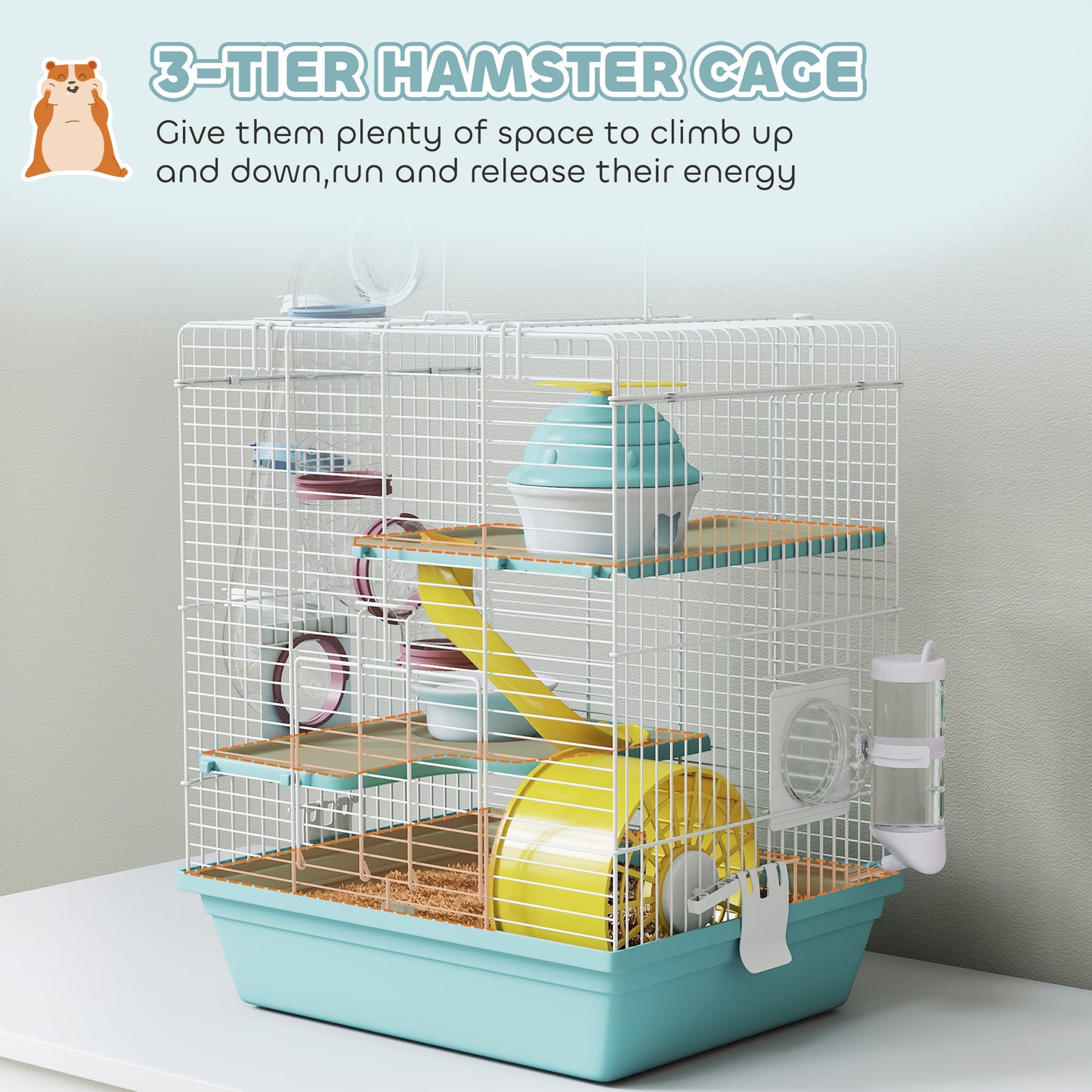 PawHut 3-Level Hamster Cage with Exercise Wheel, Water Bottle, Food Bowl, for Dwarf Hamsters, 34.5 x 27.5 x 41 cm, Blue