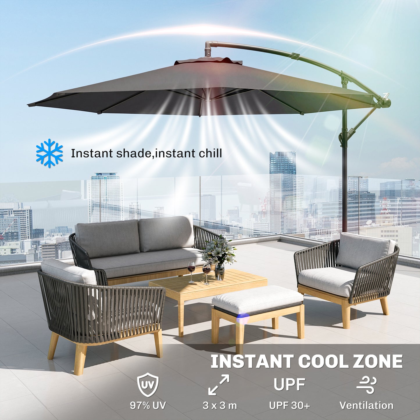 Outsunny 3 m Overhanging Cantilever Parasol, with Cross Base - Grey