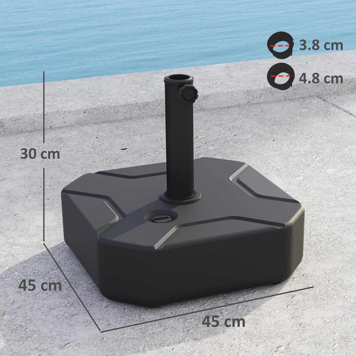 Outsunny Square Garden Parasol Base, Garden Umbrella Stand Heavy Duty Parasol Base, Filled Up to 25kg with Stand or 20kg with Water for for 38, 48 mm Poles, Black