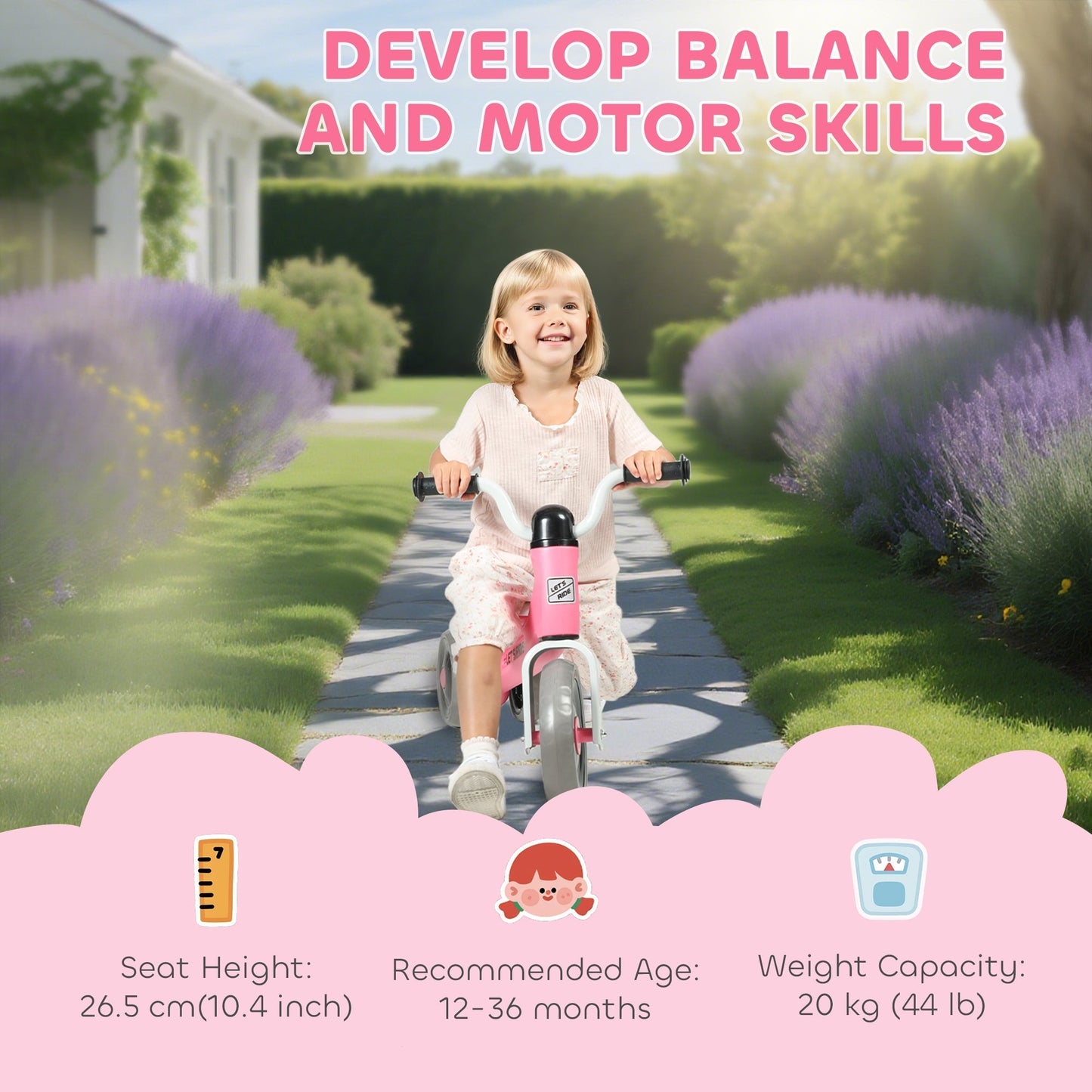 AIYAPLAY Toddler Balance Bike with No Pedal, 3 Silence Wheels for 12-36 Months Boys and Girls, Indoor Outdoor, Pink