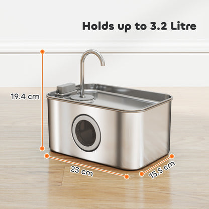 PawHut 3.2L Cat Water Fountain for Drinking, Cat Fountain Stainless Steel with Visible Water-Level Window, Ultra-Silent Pump
