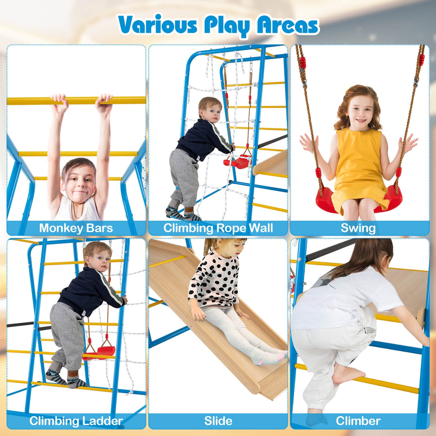 6-in-1 Indoor Jungle Gym Metal Climber with Slide and Monkey Bars-Blue