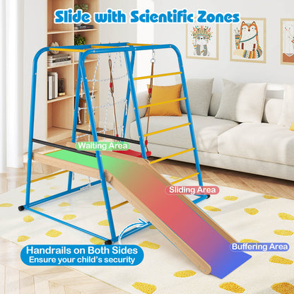 6-in-1 Indoor Jungle Gym Metal Climber with Slide and Monkey Bars-Blue