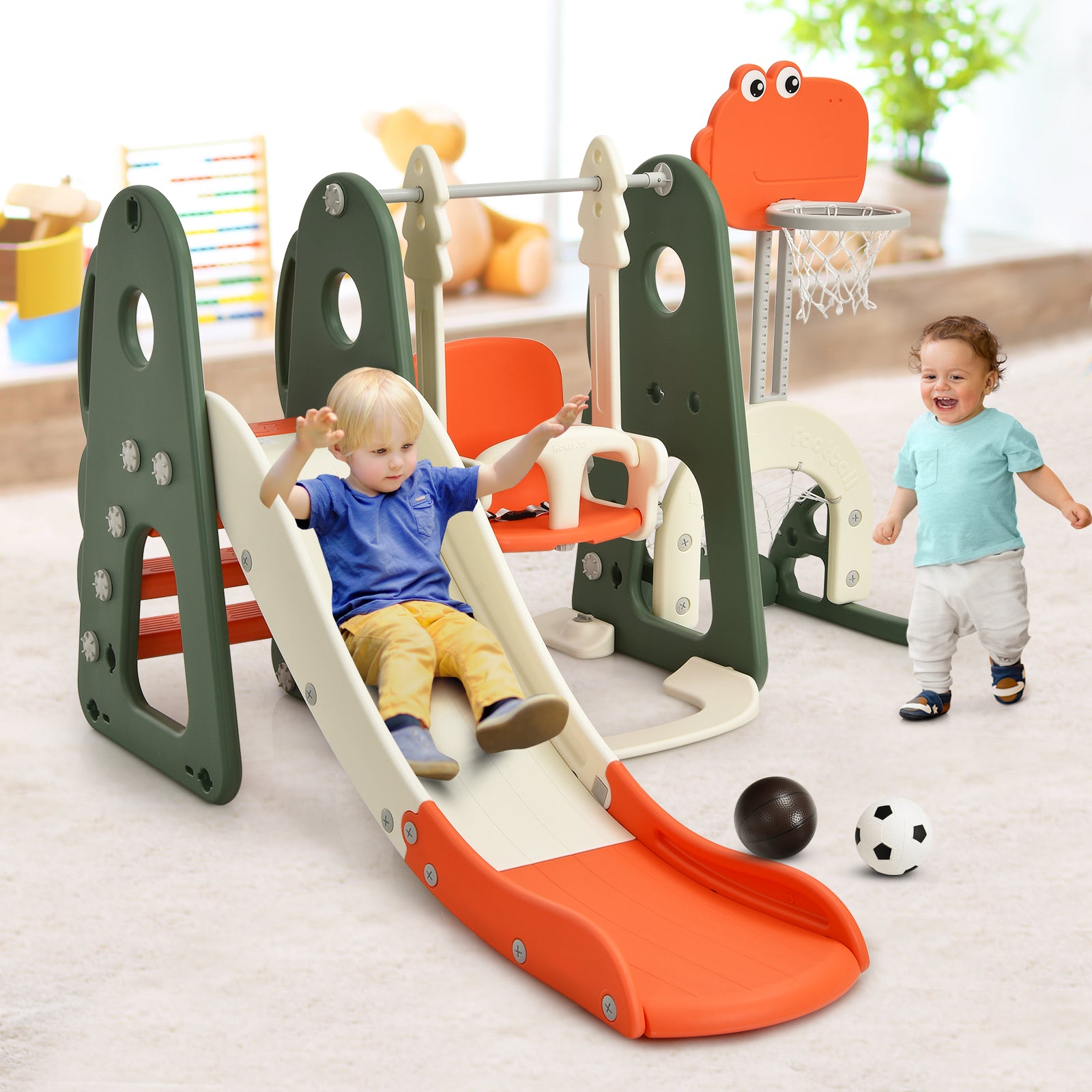 6 in 1 Toddler Slide and Swing Set with Adjustable Basketball Hoop for Indoor-Orange