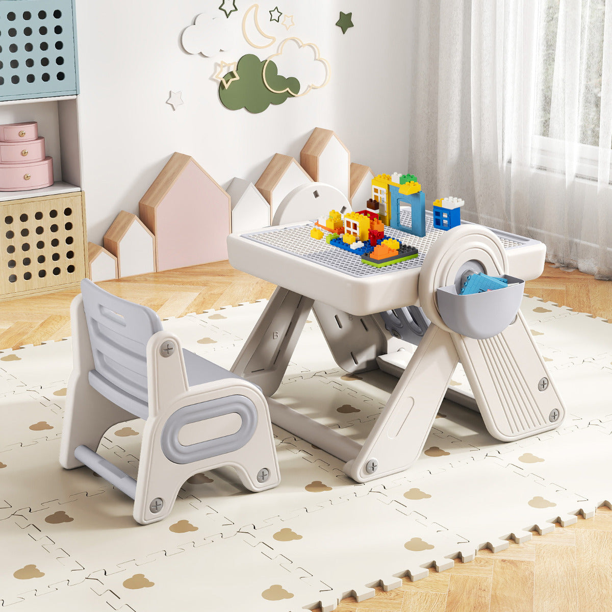 6-in-1 Multi-activity Children Table & Chair Folding Art Easel Set-Grey