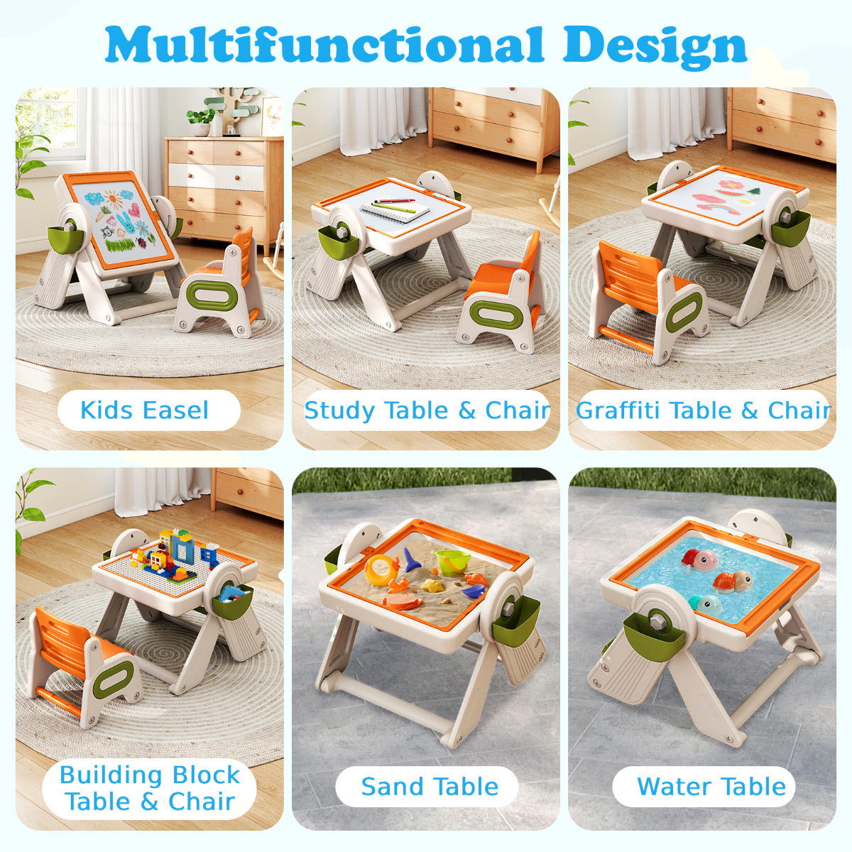 6-in-1 Multi-activity Children Table & Chair Folding Art Easel Set-Orange