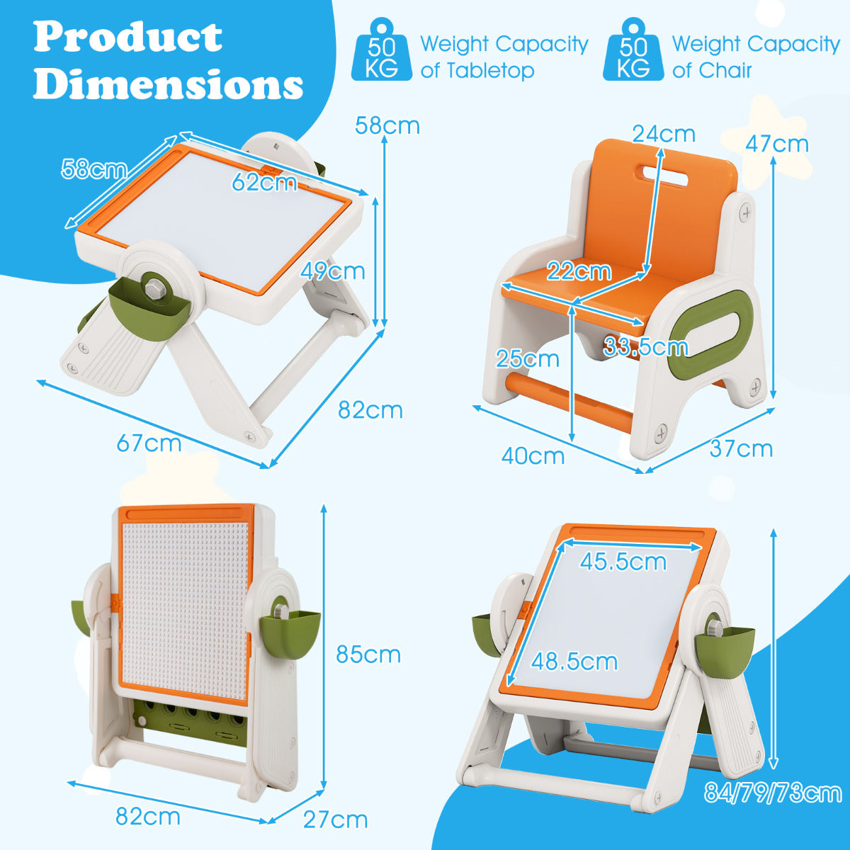 6-in-1 Multi-activity Children Table & Chair Folding Art Easel Set-Orange