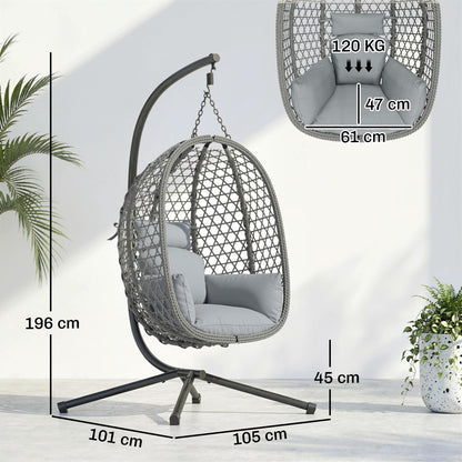 Outsunny Hanging Egg Chair, Indoor Outdoor Rattan Hammock Swing Chair with Stand, Safety Strap, Foldable Basket, Dark Grey