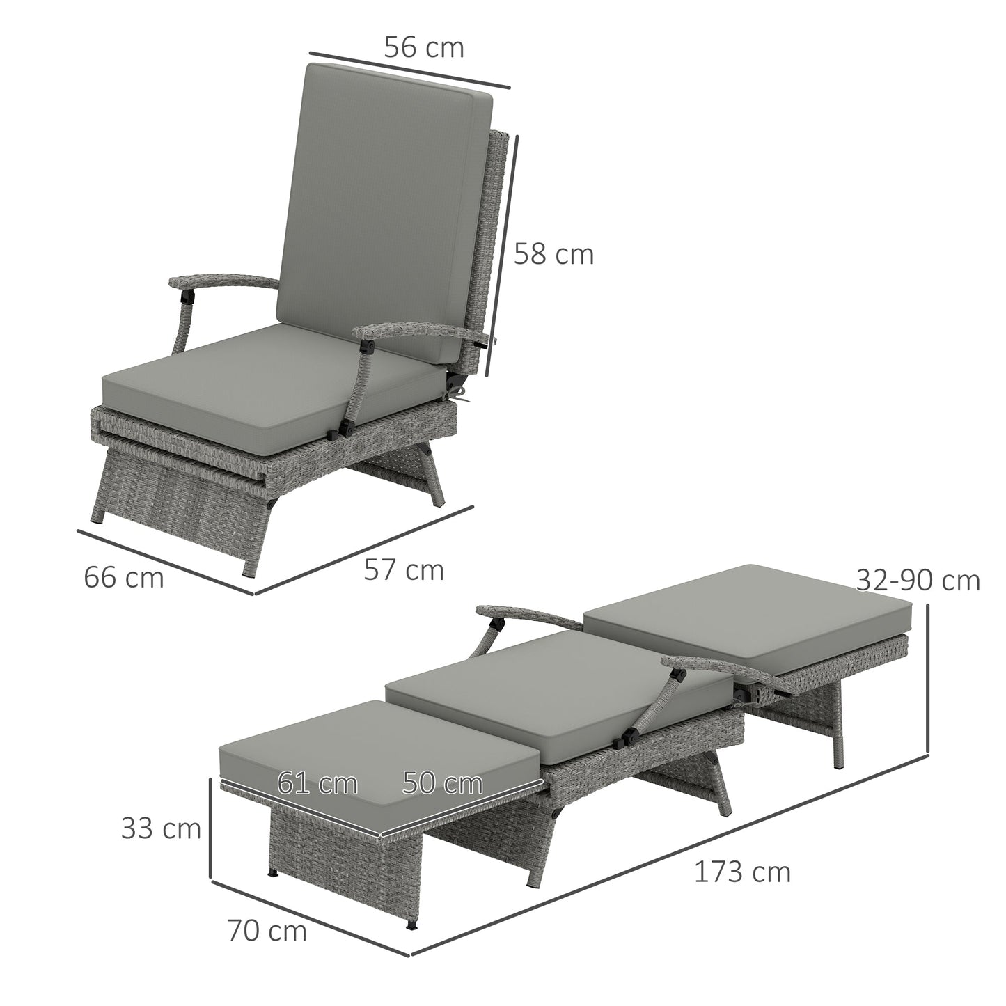 Outsunny 80Â° Reclining Rattan Lounger - Grey
