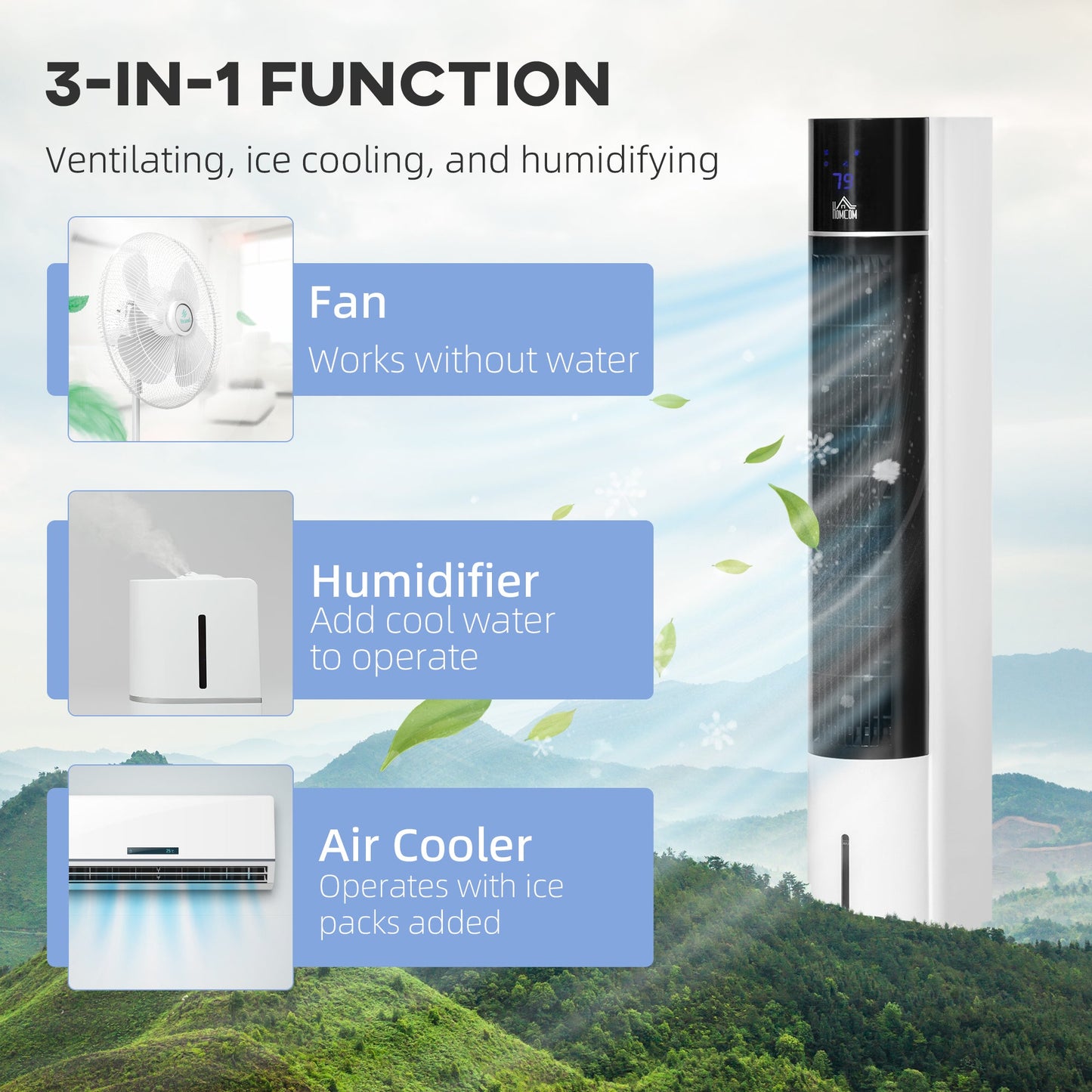 HOMCOM Portable Air Cooler, 3L Tank Evaporative Ice Cooling Tower Fan with 3 Modes, 3 Speeds, Remote, Timer, 60Â° Oscillating, Portable Swamp Cooler for Home Bedroom, White