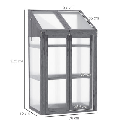 Outsunny Wooden Cold Frame Polycarbonate Greenhouse with Openable Top Cover and Double Door, Grow House for Flower, Vegetable and Plants, 70 x 50 x 120cm, Grey
