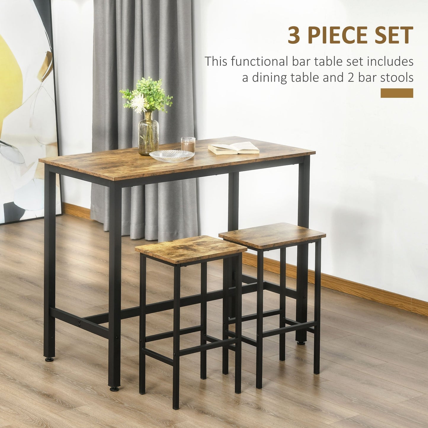 HOMCOM 120x60cm Bar Table Set, Breakfast Table with 2 Stools, 3-Piece Counter Height Dining Table & Chairs for Kitchen, Living Room, Rustic Brown