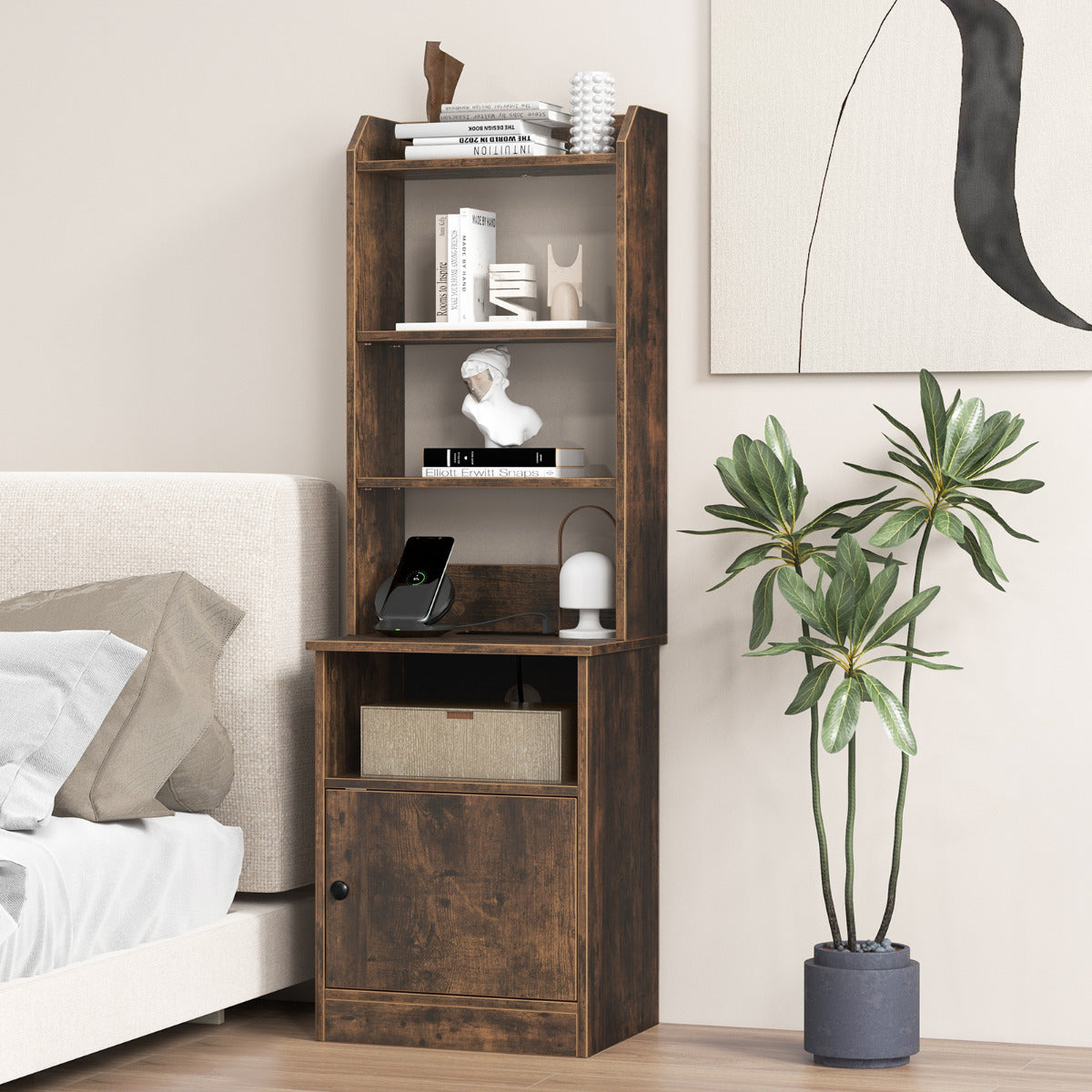 6-Tier Nightstand with Charging Station Bedside Tables Tall Night Stands-Rustic Brown