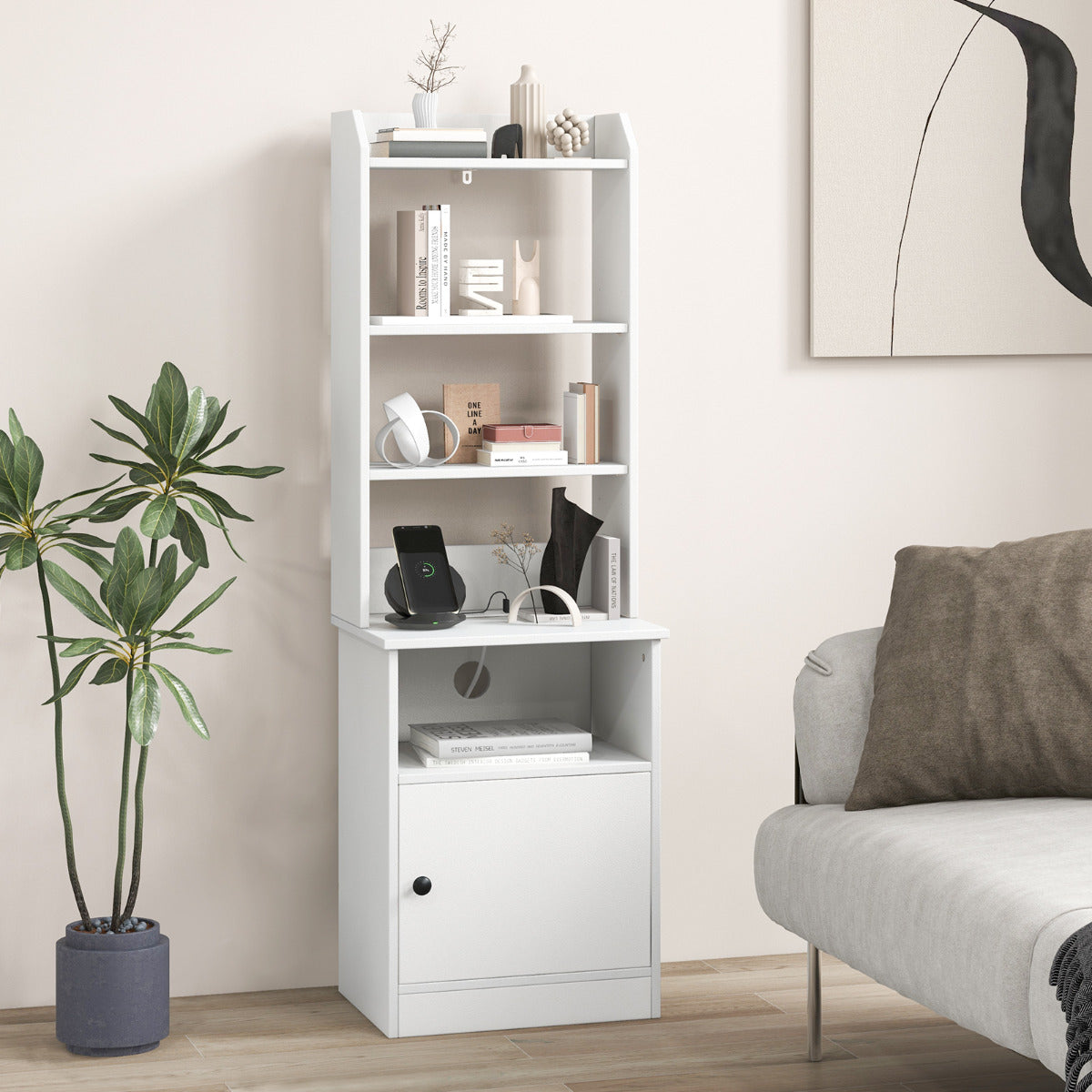 6-Tier Nightstand with Charging Station Bedside Tables Tall Night Stands-White