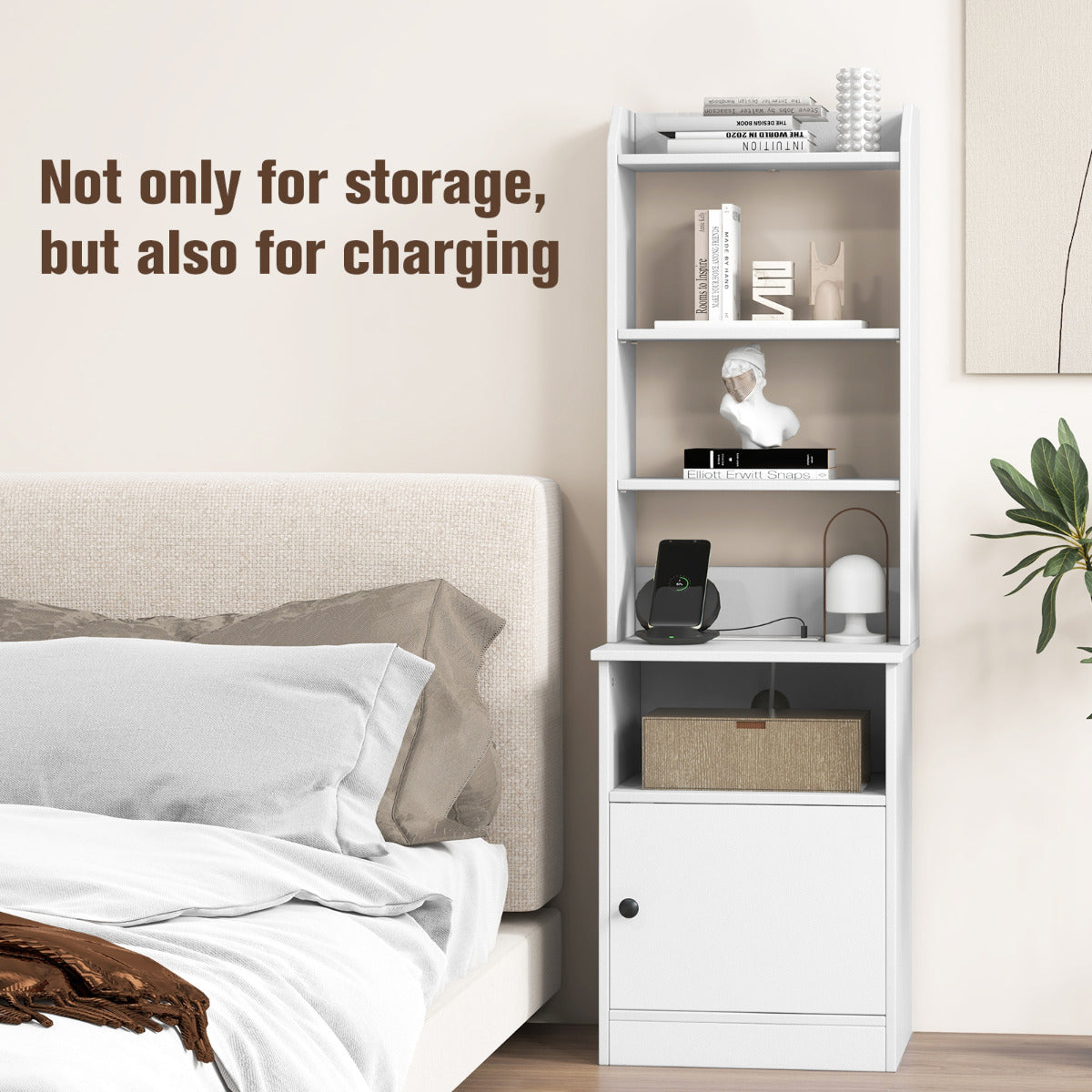 6-Tier Nightstand with Charging Station Bedside Tables Tall Night Stands-White