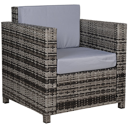 Outsunny Rattan Garden Armchair 10cm Cushion Outdoor Single Chair with Steel Frame, Grey