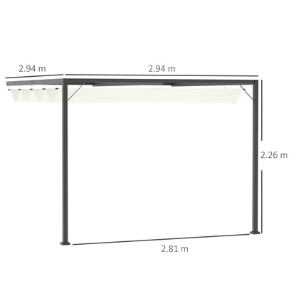Outsunny 3 x 3(m) Outdoor Lean To Pergola Retractable Canopy Wall Mounted Gazebo Patio Shelter Sun Shade, Cream White