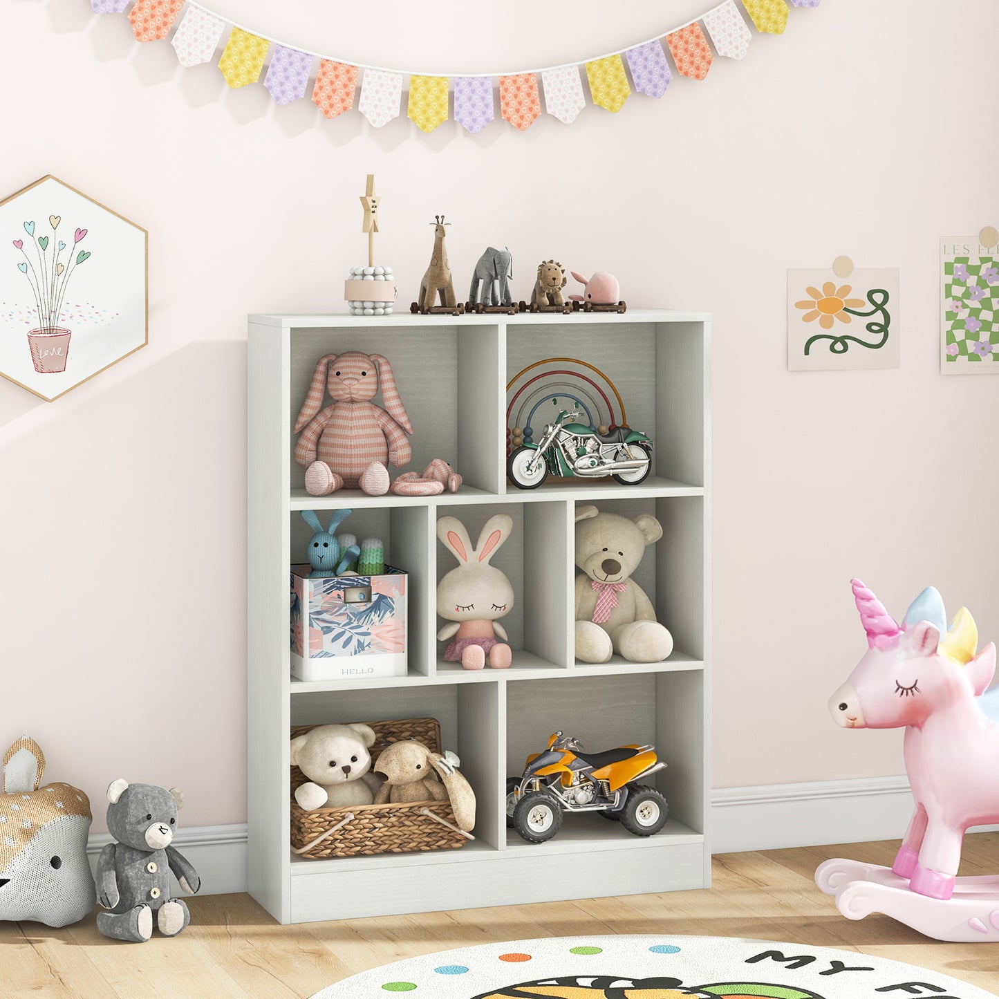 7-Cube Bookshelf with 2 Anti-Tipping Kits for Living Room and Kid’s Room-White