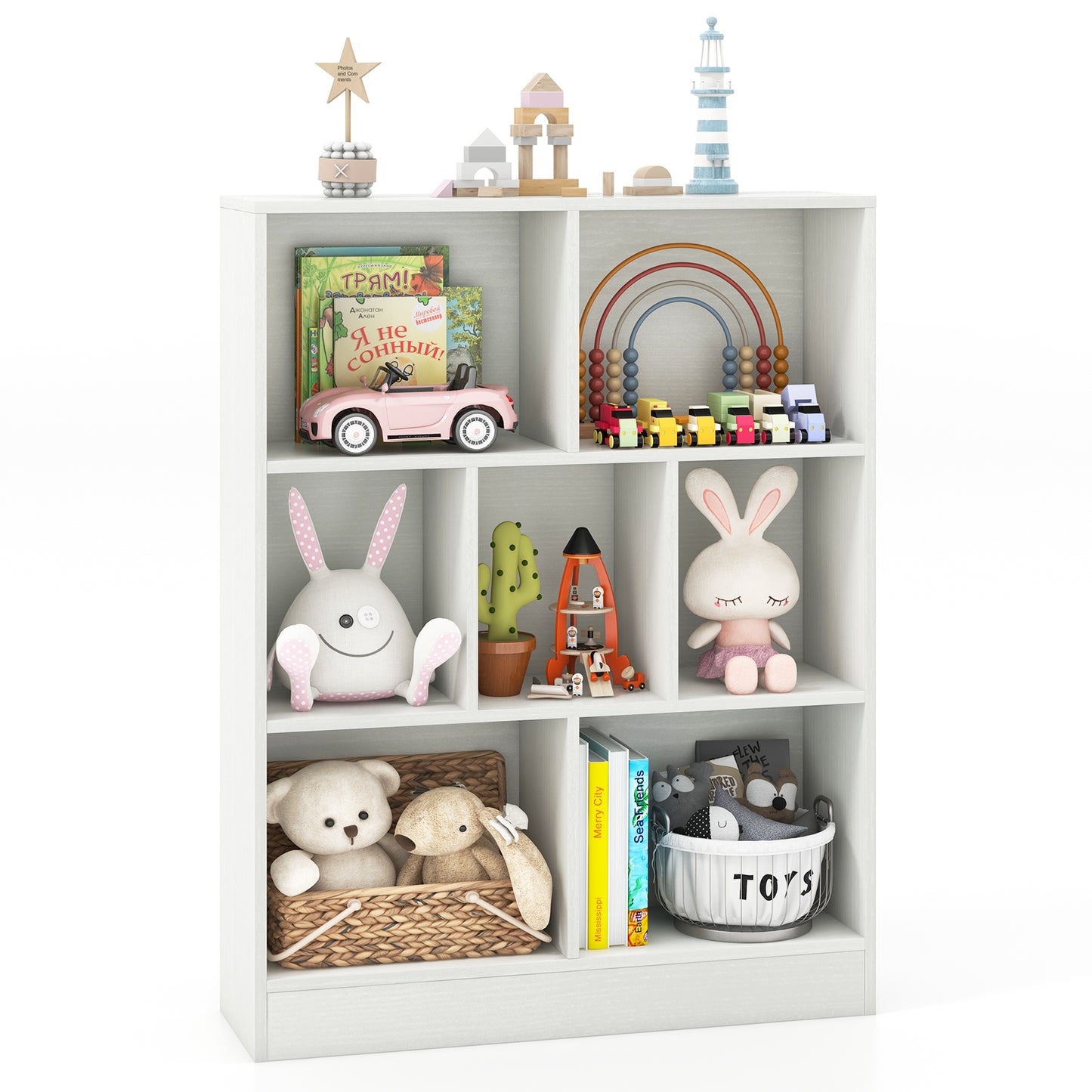 7-Cube Bookshelf with 2 Anti-Tipping Kits for Living Room and Kid’s Room-White
