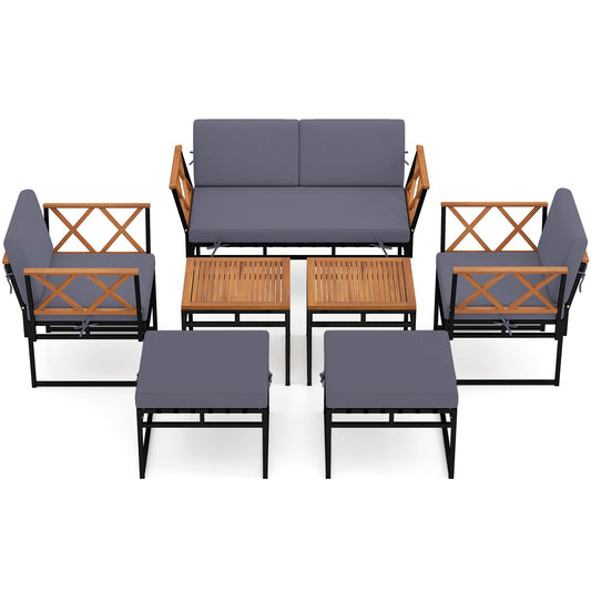 7 Piece Outdoor Conversation Set with Ottomans for Porch-Grey