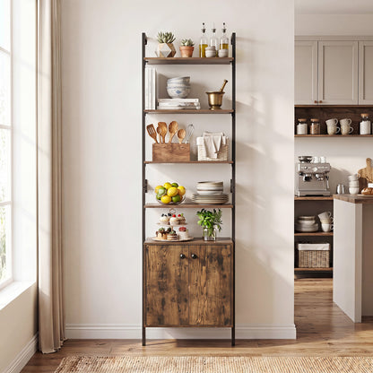 7-Tier Ladder Bookshelf with 2-Door Cabinet and 4 Shelves-Rustic Brown