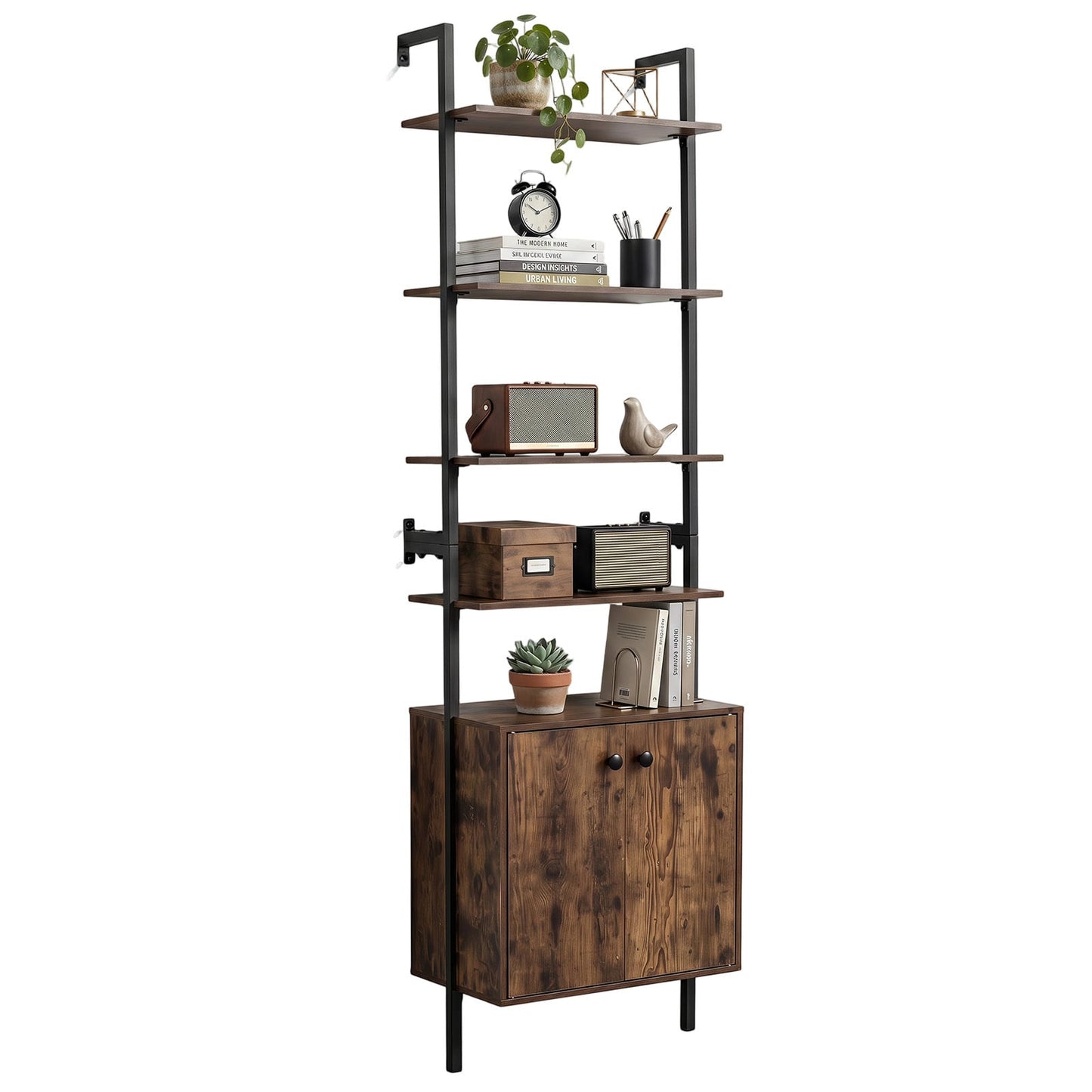 7-Tier Ladder Bookshelf with 2-Door Cabinet and 4 Shelves-Rustic Brown