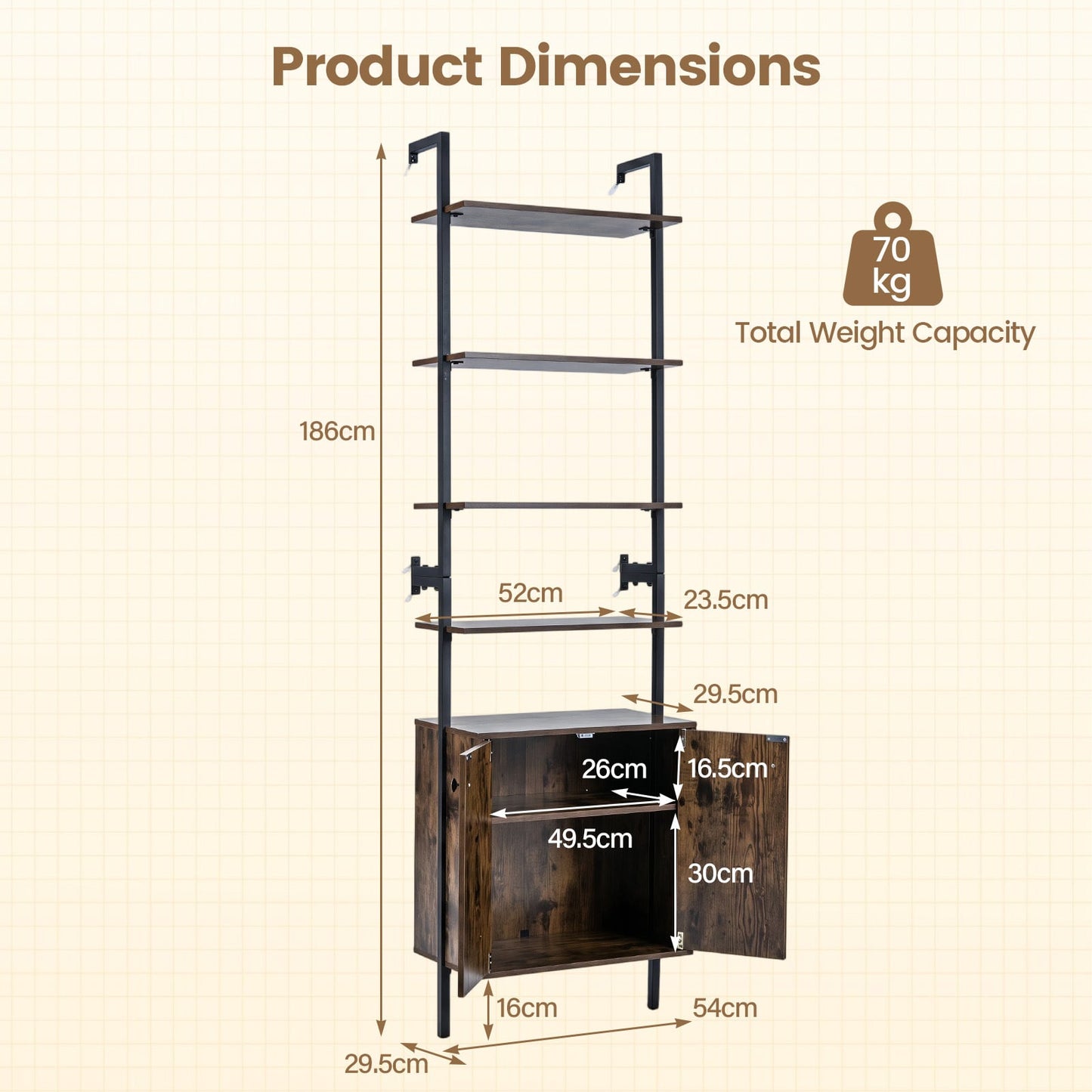 7-Tier Ladder Bookshelf with 2-Door Cabinet and 4 Shelves-Rustic Brown