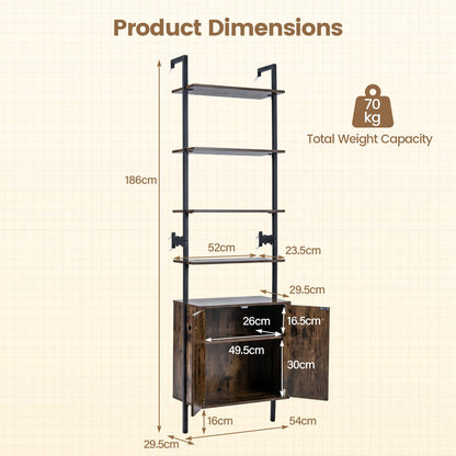 7-Tier Ladder Bookshelf with 2-Door Cabinet and 4 Shelves-Rustic Brown