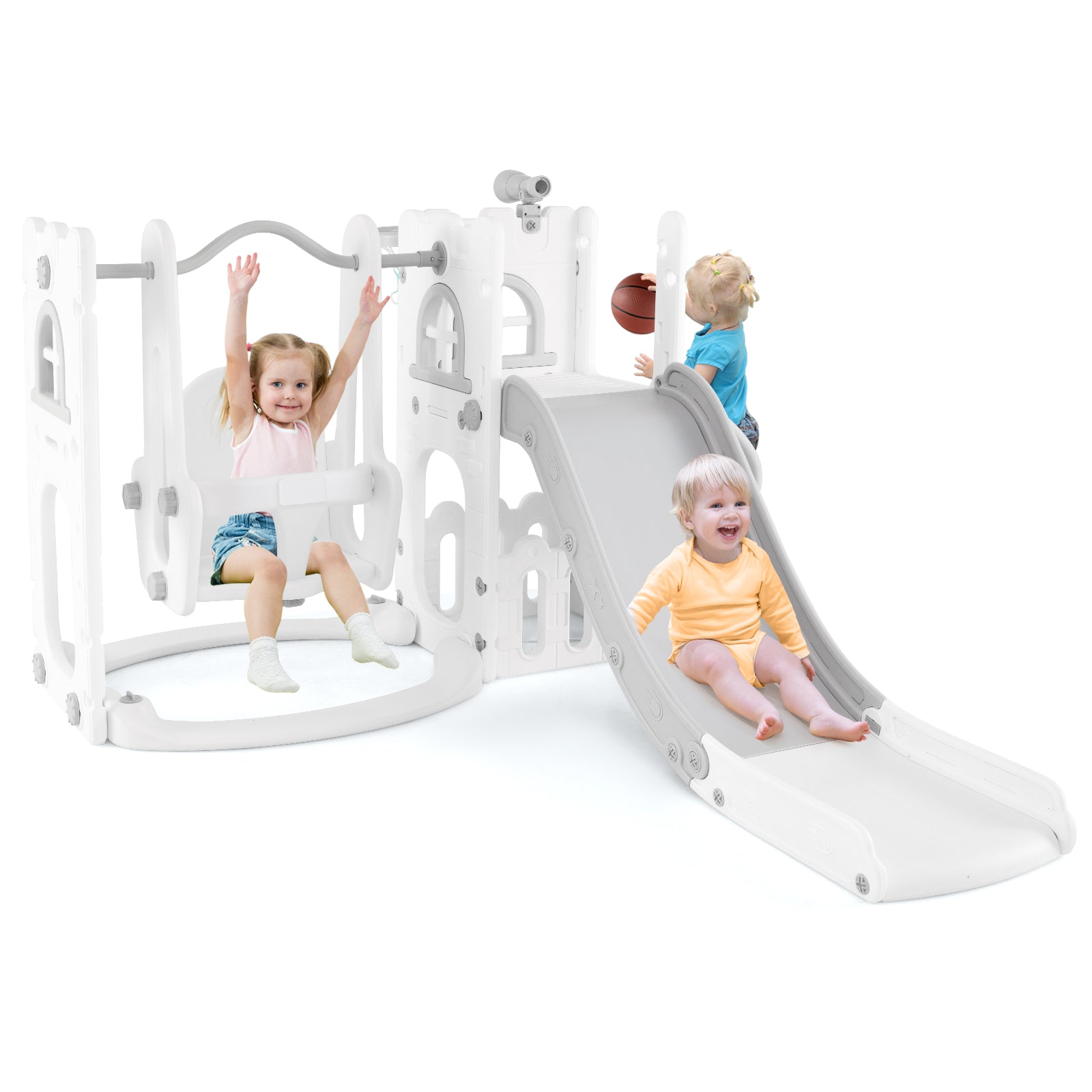 7-in-1 Toddle Slide Set with Swing Seat and Basketball Hoop and Ladder-Grey