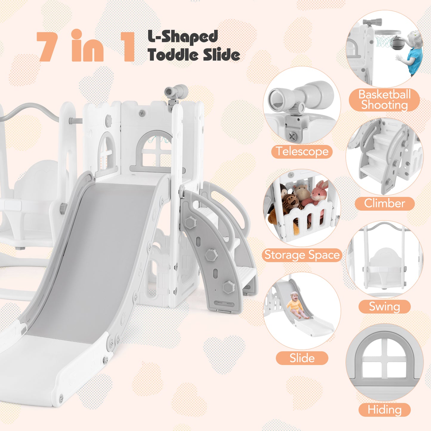 7-in-1 Toddle Slide Set with Swing Seat and Basketball Hoop and Ladder-Grey