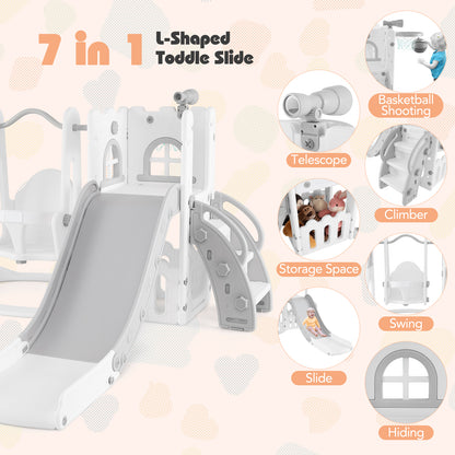 7-in-1 Toddle Slide Set with Swing Seat and Basketball Hoop and Ladder-Grey