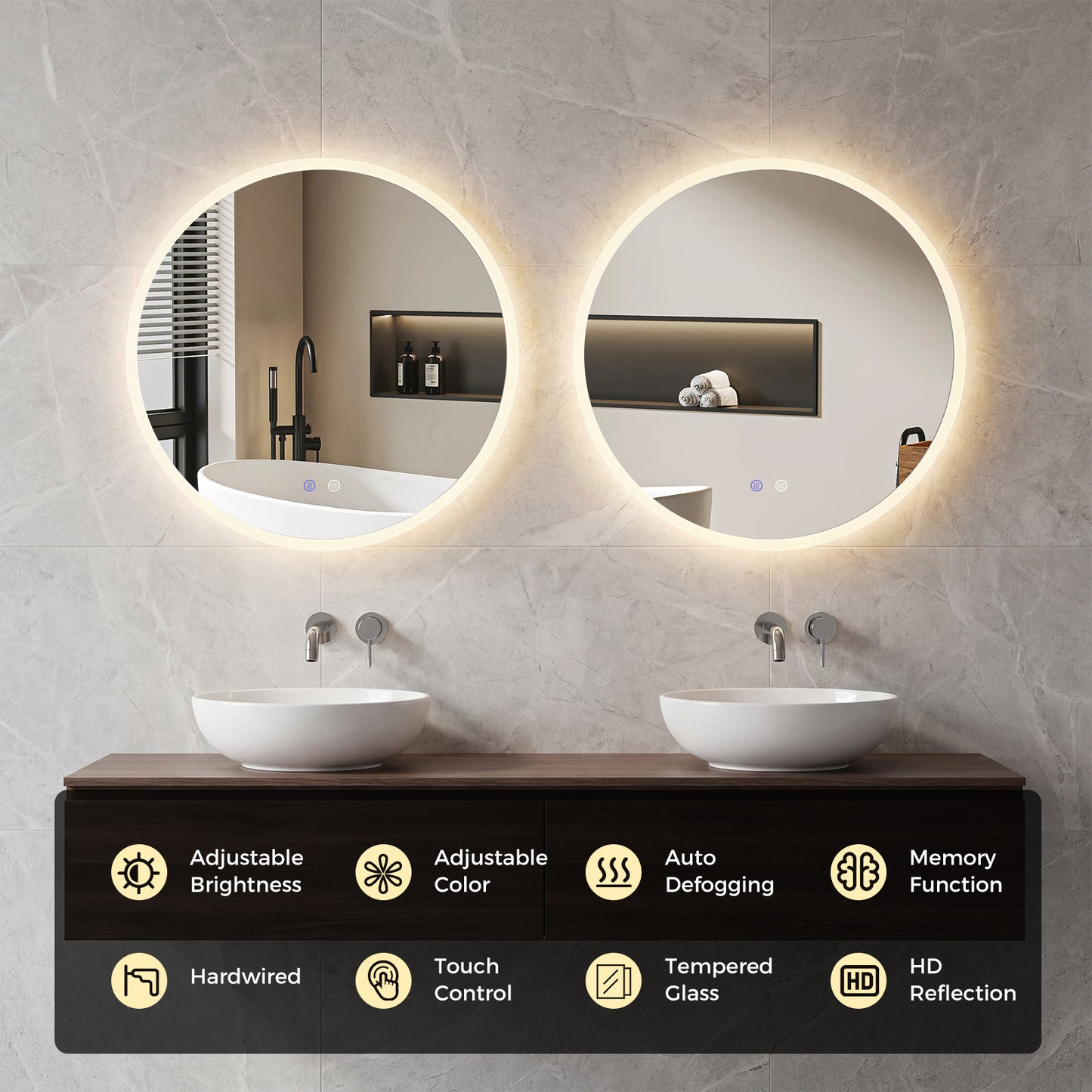 70 CM Round LED Bathroom Mirror Wall-mounted Backlit Vanity Makeup Mirror with 3 Light Colors