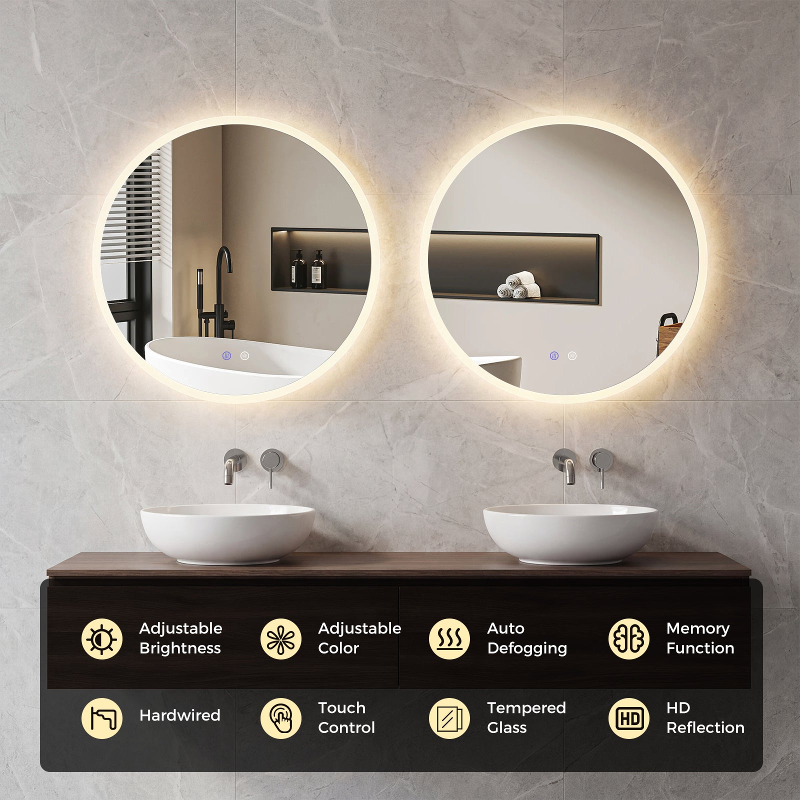 70 CM Round LED Bathroom Mirror Wall-mounted Backlit Vanity Makeup Mirror with 3 Light Colors