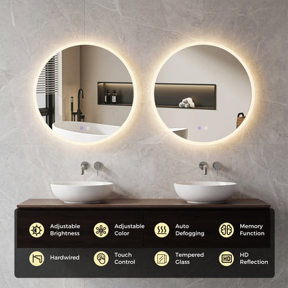70 CM Round LED Bathroom Mirror Wall-mounted Backlit Vanity Makeup Mirror with 3 Light Colors