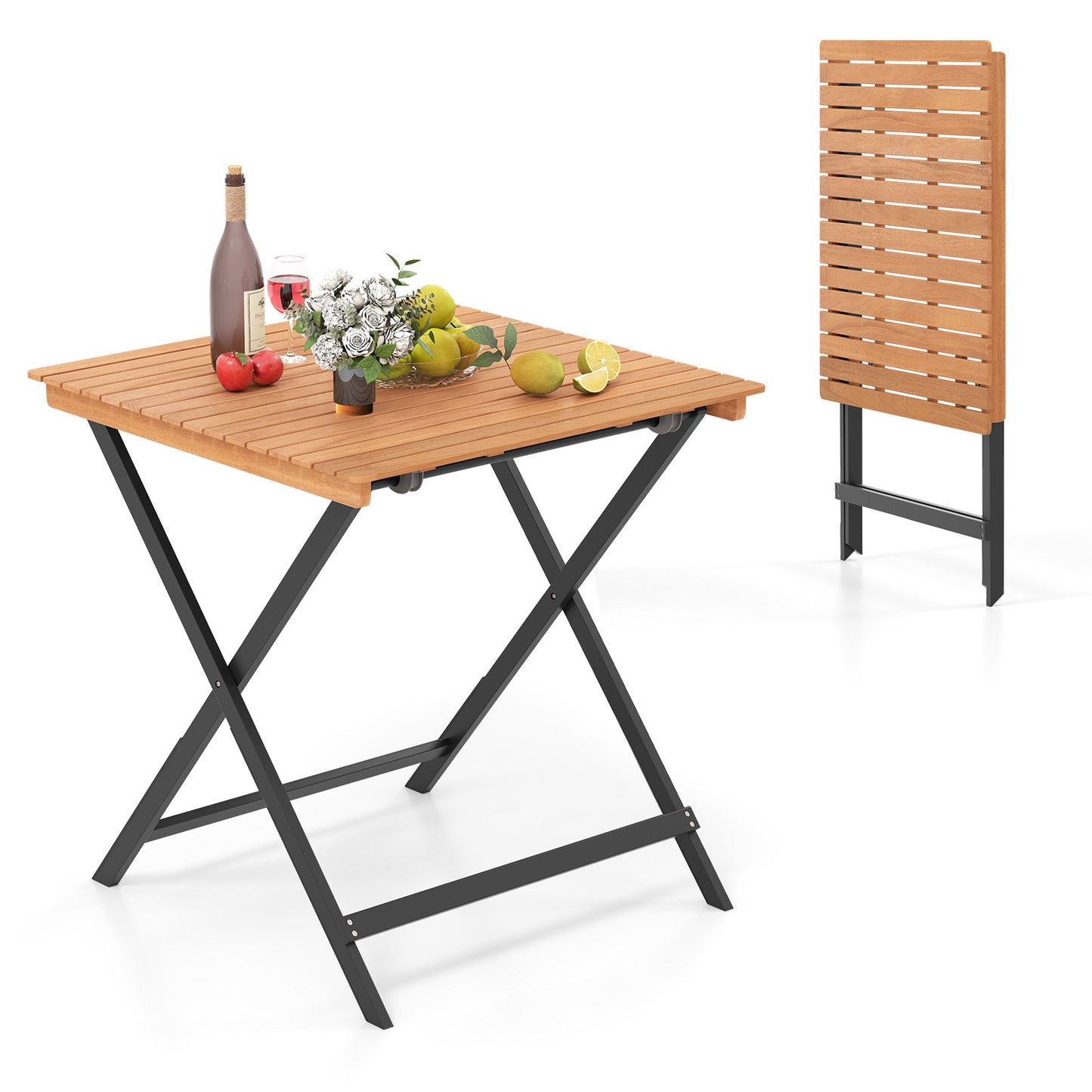 70CM Patio Folding Table with Slatted Tabletop for Backyard