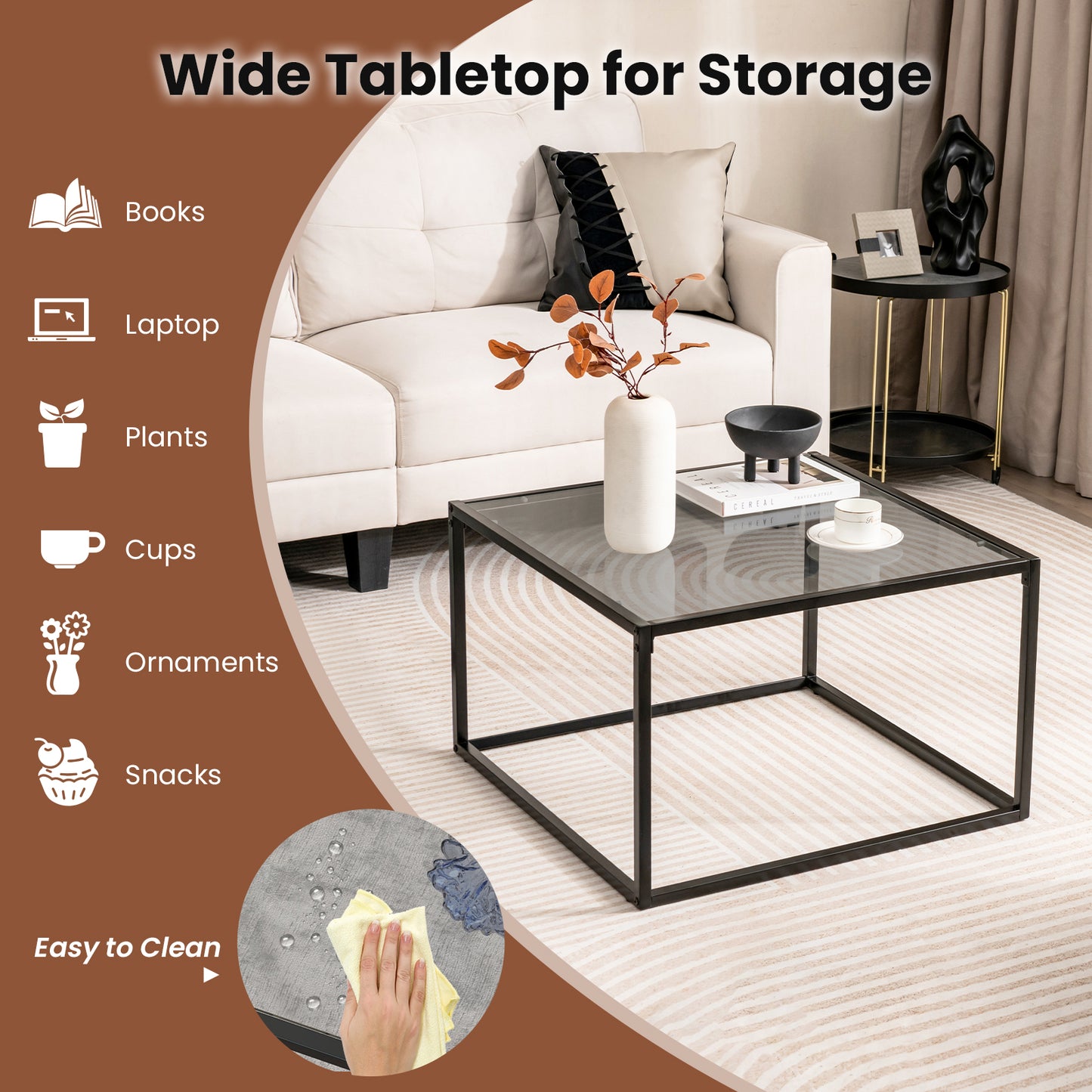70 CM Modern Square Coffee Table with Metal Frame-Grey