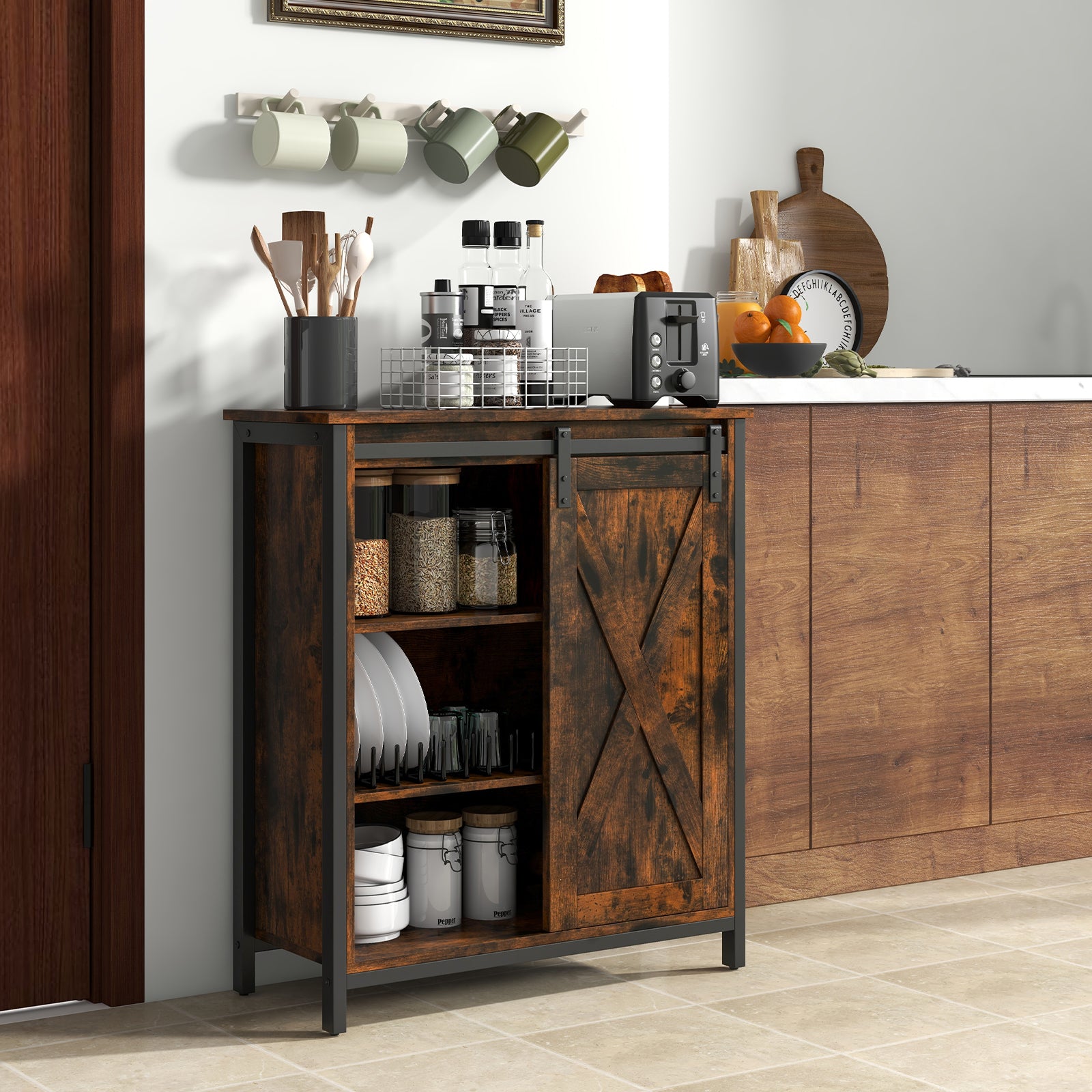 70cm Farmhouse Accent Storage Cabinet Rustic Sideboard Buffet Cabinet-Rustic Brown