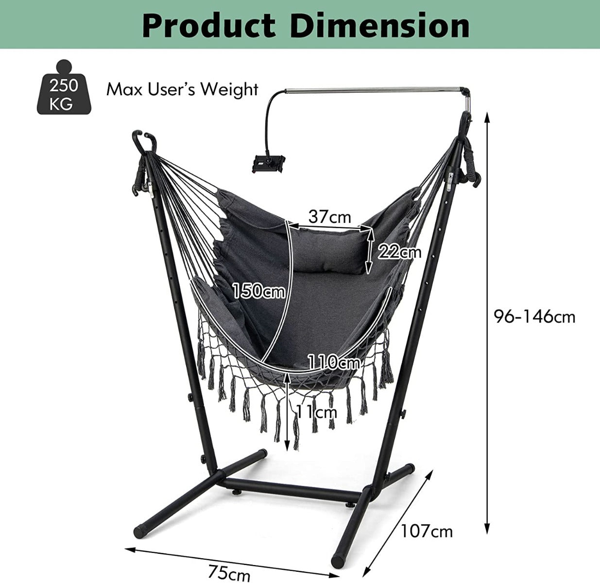 Hammock Chair with Stand and Phone Holder-Grey