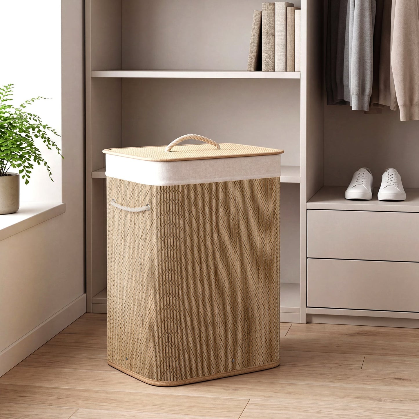 72 L Capacity Bamboo Laundry Hamper with Lid and Removable Liner for Bedroom-Natrual