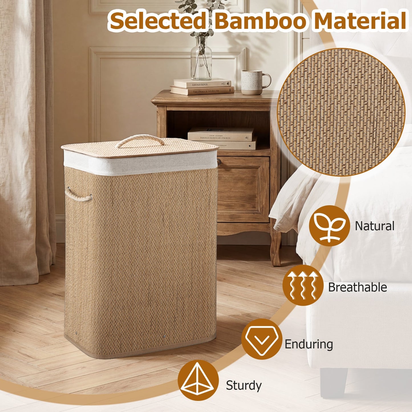 72 L Capacity Bamboo Laundry Hamper with Lid and Removable Liner for Bedroom-Natrual