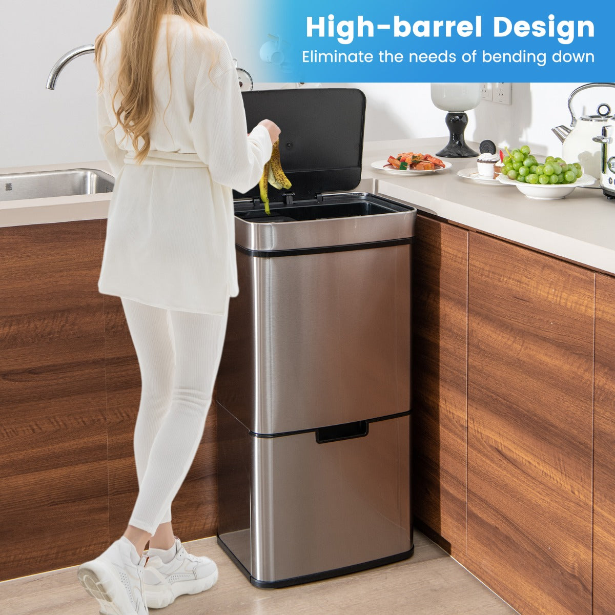 72L Stainless Steel Trash Can Motion Sensor Garbage Bin-Silver