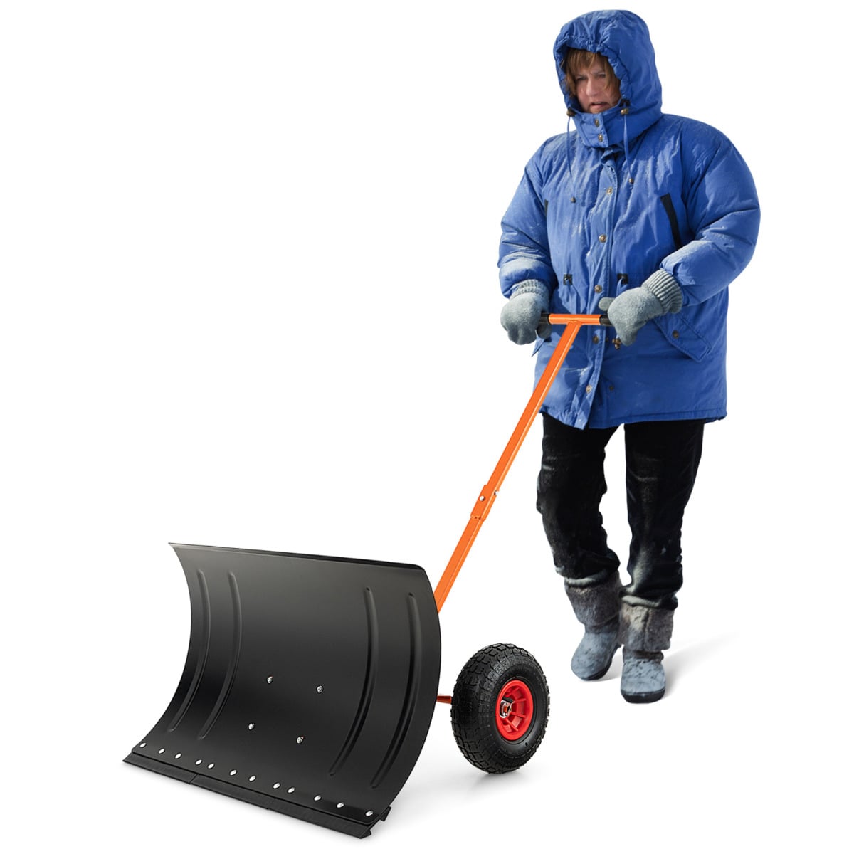 74 CM Metal Snow Pusher with Wheels for Driveway-Orange