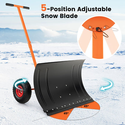 74 CM Metal Snow Pusher with Wheels for Driveway-Orange