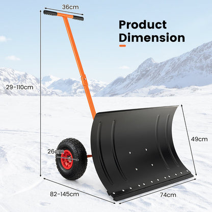 74 CM Metal Snow Pusher with Wheels for Driveway-Orange