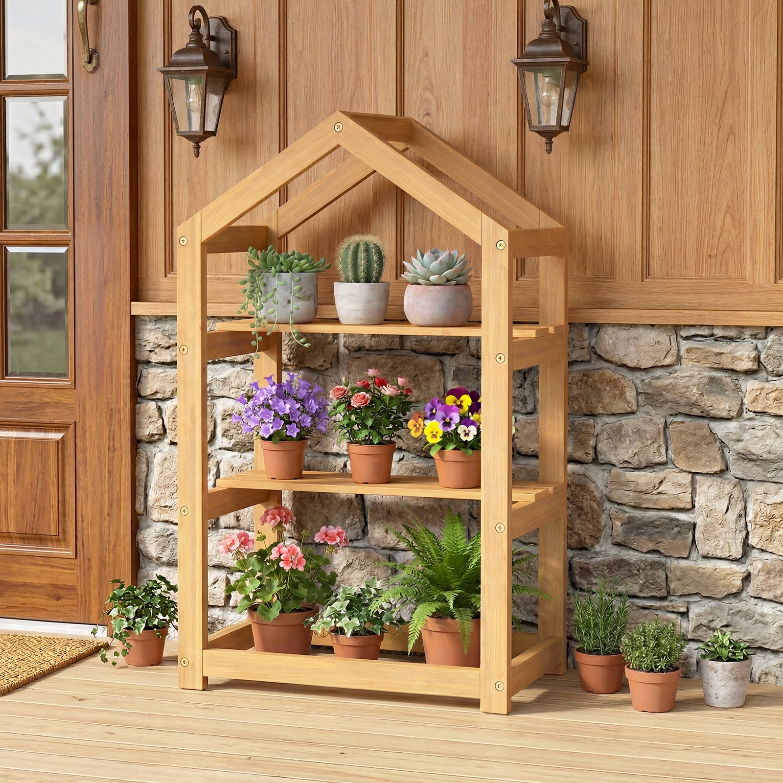 75 cm House-Shaped Plant Stand with Solid Acacia Wood Frame